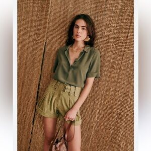 Sezane Joshua 100% Silk Short Sleeve Button collared Shirt in Khaki 36 / 4